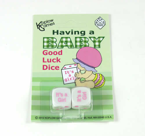 KOP17963 It is a Baby Girl Dice White with Pink Pips D6 16mm (5/8in) Set of 2 Koplow Games Main Image