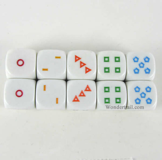 KOP18008 Shapes Dice White Dice Colored Shapes D6 16mm Pack of 10 Main Image