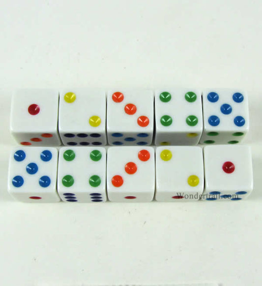 KOP18330 White Opaque Dice with Multi Color Pips D6 16mm (5/8) Set of 10 Main Image
