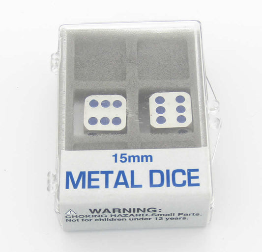 KOP18634 Metal Dice D6 Silver with Blue Pips 15mm (19/32in) Set of 2 Main Image