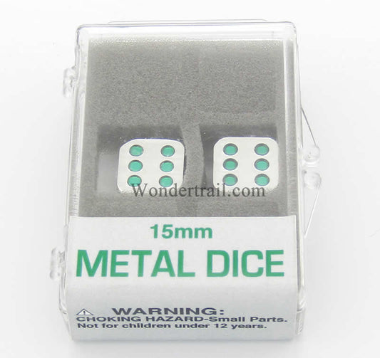 KOP18636 Metal Dice D6 Silver with Green Pips 15mm (19/32in) Set of 2 Main Image