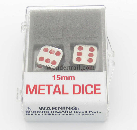 KOP18640 Metal Dice D6 Silver with Red Pips 15mm (19/32in) Set of 2 Main Image