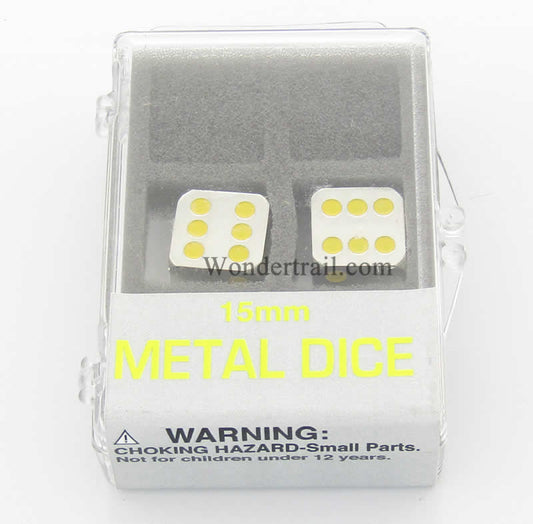 KOP18642 Metal Dice D6 Silver with Yellow Pips 15mm (19/32in) Set of 2 Main Image