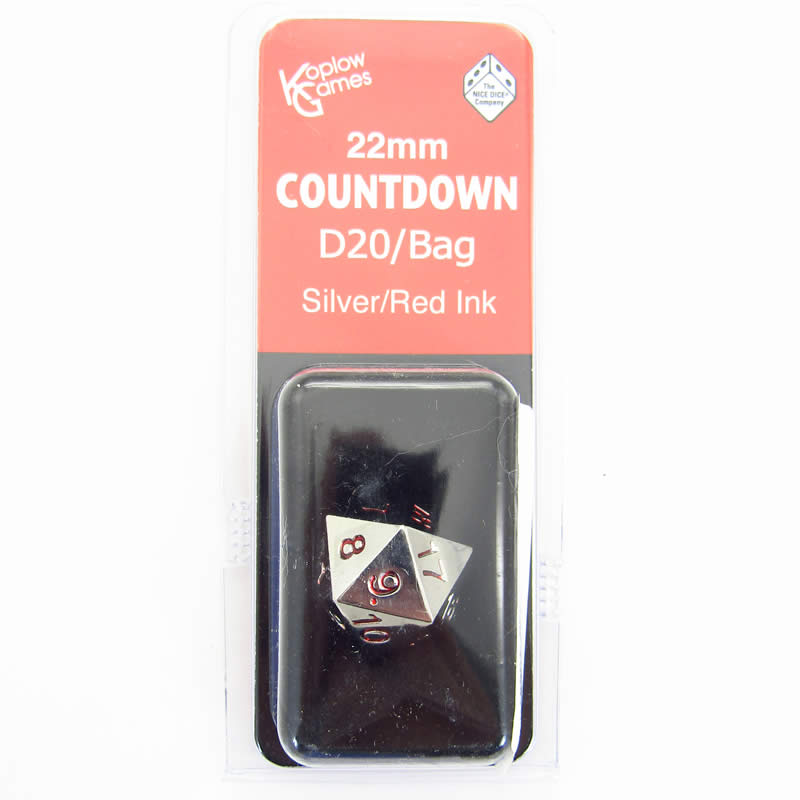 KOP18861 Metal Die Silver Colored Red Numbers Countdown D20 22mm 1 Die with Dice Bag Koplow Games Main Image