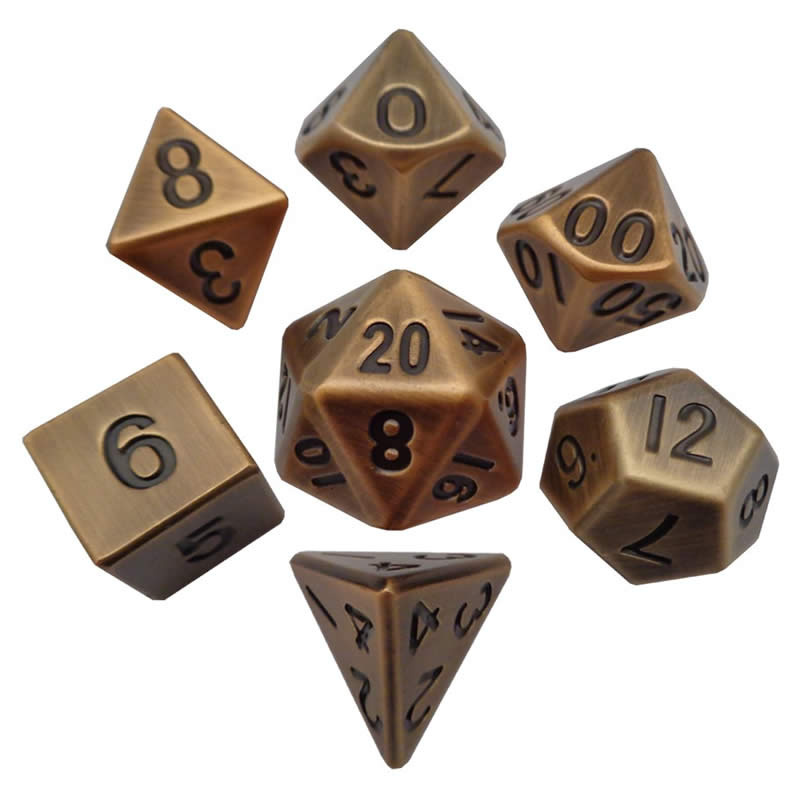MET005 Antique Gold Color Solid Metal Dice 16mm (5/8in) 7-Dice Set Main Image