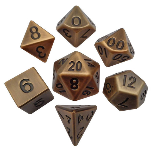 MET005 Antique Gold Color Solid Metal Dice 16mm (5/8in) 7-Dice Set Main Image