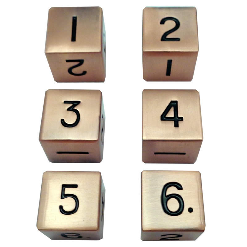 MET0076 Antique Copper Color Solid Metal Dice D6 16mm (5/8in) Pack of 6 Main Image