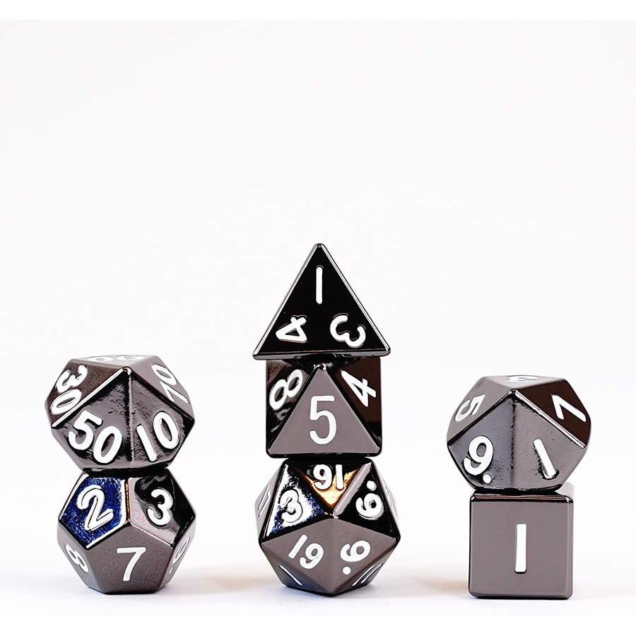 MET008 Sterling Gray Color Solid Metal Dice 16mm (5/8in) 7-Dice Set Metallic Dice Games