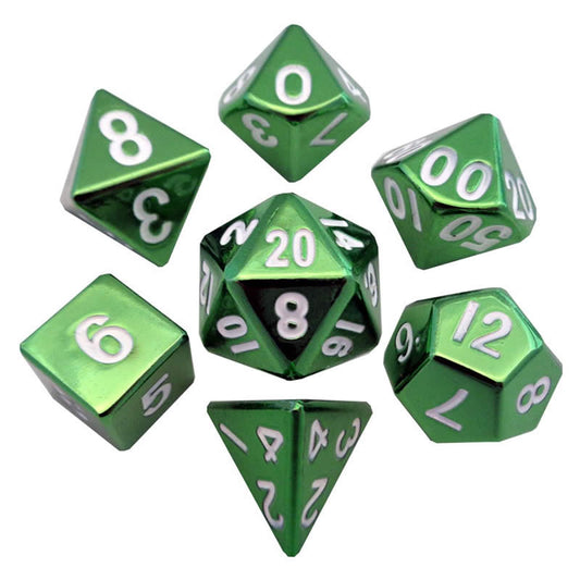 MET010 Green Painted Solid Metal Dice Polyhedral 16mm (5/8in) 7-Dice Set Main Image