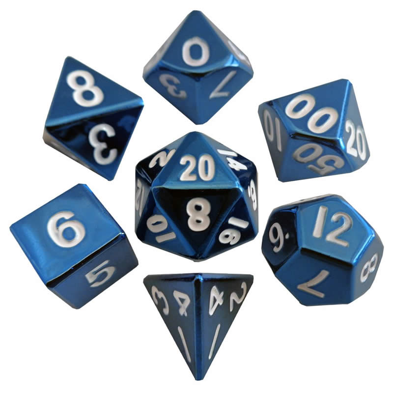 MET012 Blue Painted Solid Metal Dice Polyhedral 16mm (5/8in) 7-Dice Set Main Image