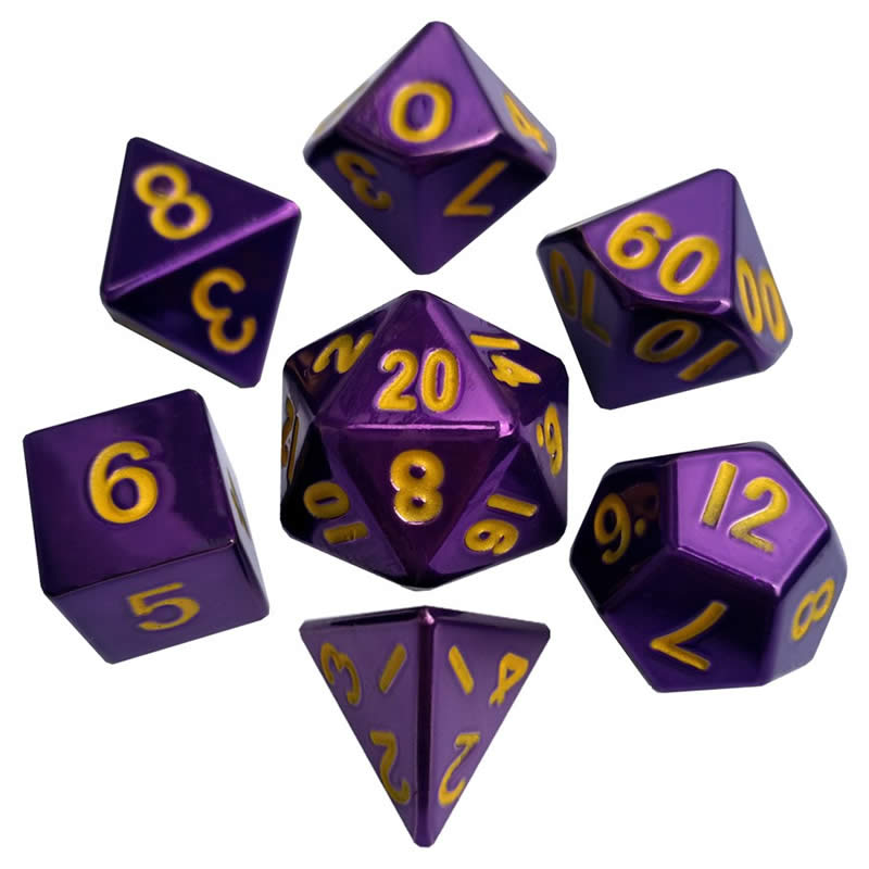 MET013 Purple Painted Solid Metal Dice Gold Numbers 16mm 7-Dice Set Main Image