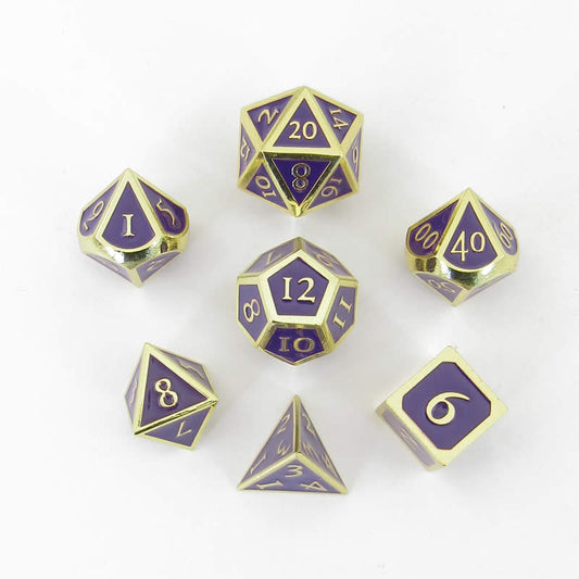MET017 Purple Metal Dice with Gold Collored Numbers 16mm (5/8in) 7-Dice Set Main Image