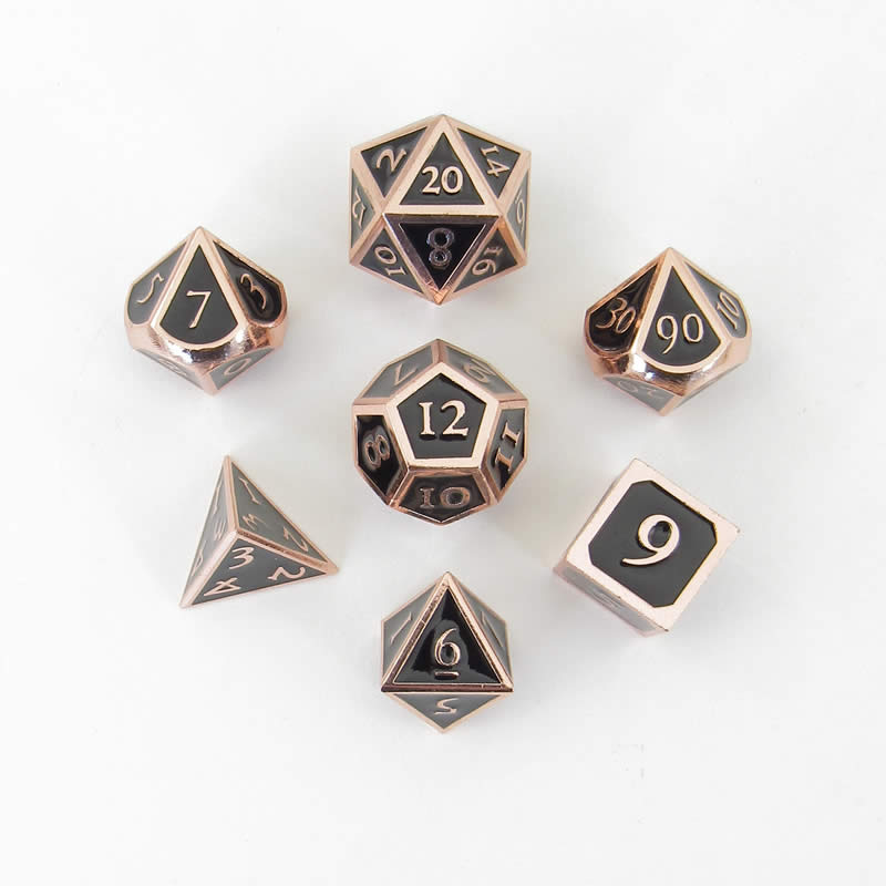 MET018 Black Metal Dice with Copper Collored Numbers 16mm (5/8in) 7-Dice Set Metallic Dice Games Main Image