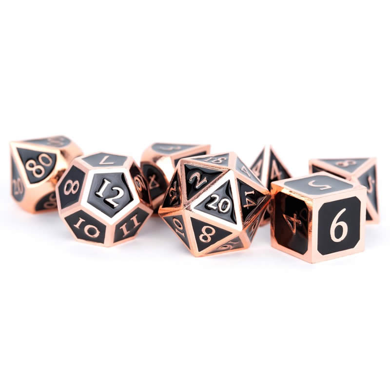 MET018 Black Metal Dice with Copper Collored Numbers 16mm (5/8in) 7-Dice Set Metallic Dice Games 2nd Image