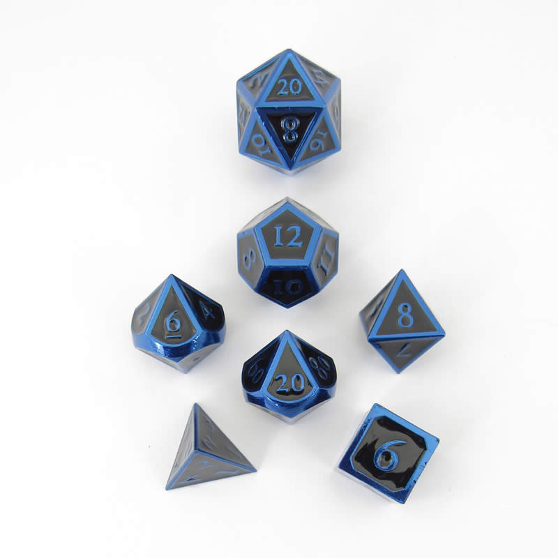 MET019 Black Blue Painted Metal Dice Blue Numbers 16mm (5/8in) 7-Dice Set Main Image