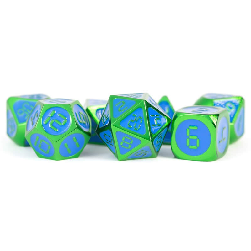 MET023 Green and Blue Metal Dice Green Digital Numbers 16mm (5/8in) 7-Dice Set Main Image