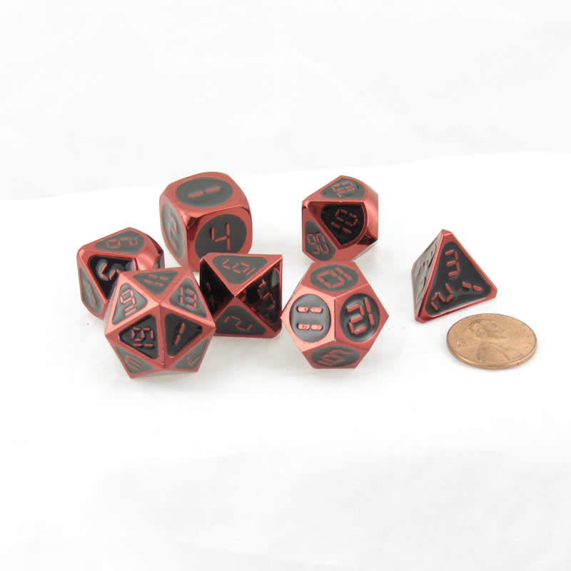 MET024 Red and Black Metal Dice Red Digital Numbers 16mm (5/8in) 7-Dice Set Main Image