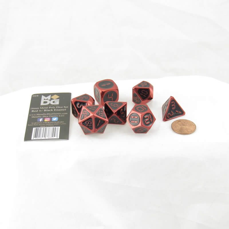 MET024 Red and Black Metal Dice Red Digital Numbers 16mm (5/8in) 7-Dice Set 2nd Image