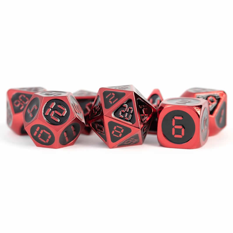 MET024 Red and Black Metal Dice Red Digital Numbers 16mm (5/8in) 7-Dice Set 3rd Image