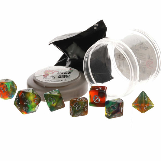 RPR19033 Warm Nebula Boss Dice Set 16mm (5/8 inch) Dungeon Dice with Random Miniature Included Reaper Miniatures Main Image