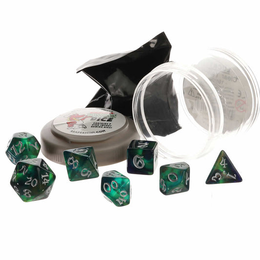 RPR19034 Cool Nebula Boss Dice Set 16mm (5/8 inch) Dungeon Dice with Random Miniature Included Reaper Miniatures Main Image