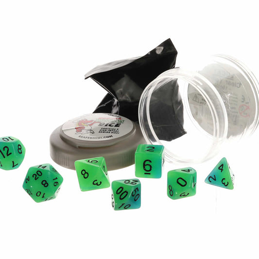 RPR19035 Green and Blue Glow Dice Set 16mm (5/8 inch) Dungeon Dice with Random Miniature Included Reaper Miniatures Main Image