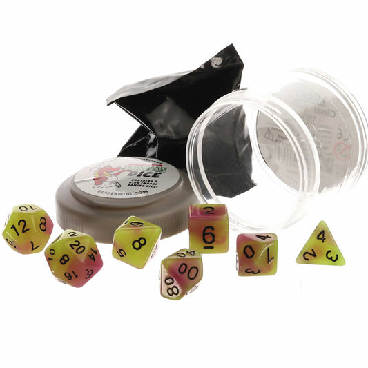 RPR19036 Yellow and Purple Glow Dice Set 16mm (5/8 inch) Dungeon Dice with Random Miniature Included Reaper Miniatures Main Image
