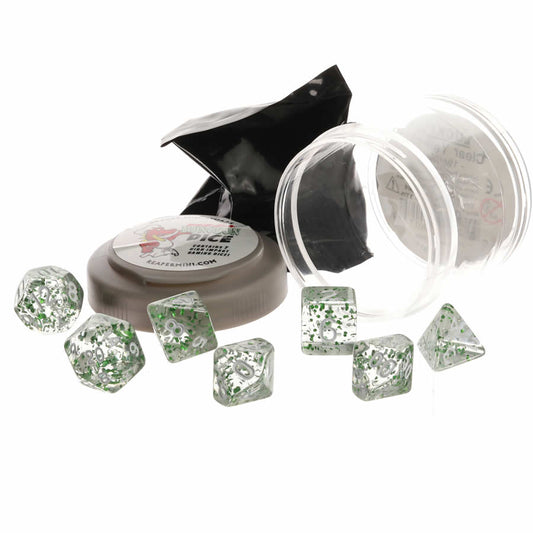 RPR19038 Green Glitter Boss Dice Set 16mm (5/8 inch) Dungeon Dice with Random Miniature Included Reaper Miniatures Main Image