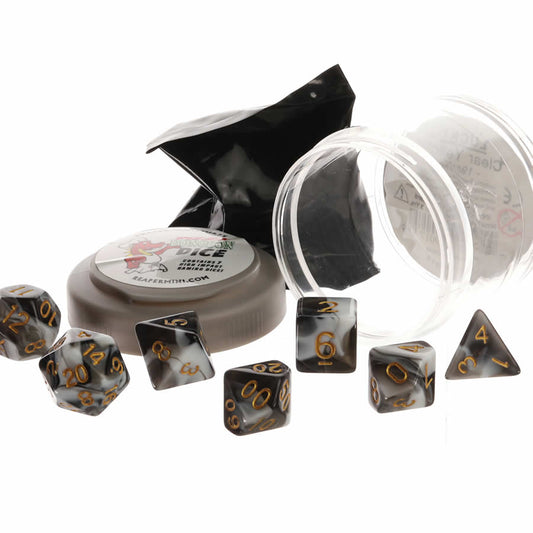 RPR19051 White and Black Dual Color Dice Set 16mm (5/8 inch) Dungeon Dice with Random Miniature Included Reaper Miniatures Main Image