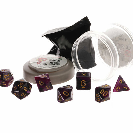 RPR19054 Purple and Black Dual Color Dice Set 16mm (5/8 inch) Dungeon Dice with Random Miniature Included Reaper Miniatures Main Image