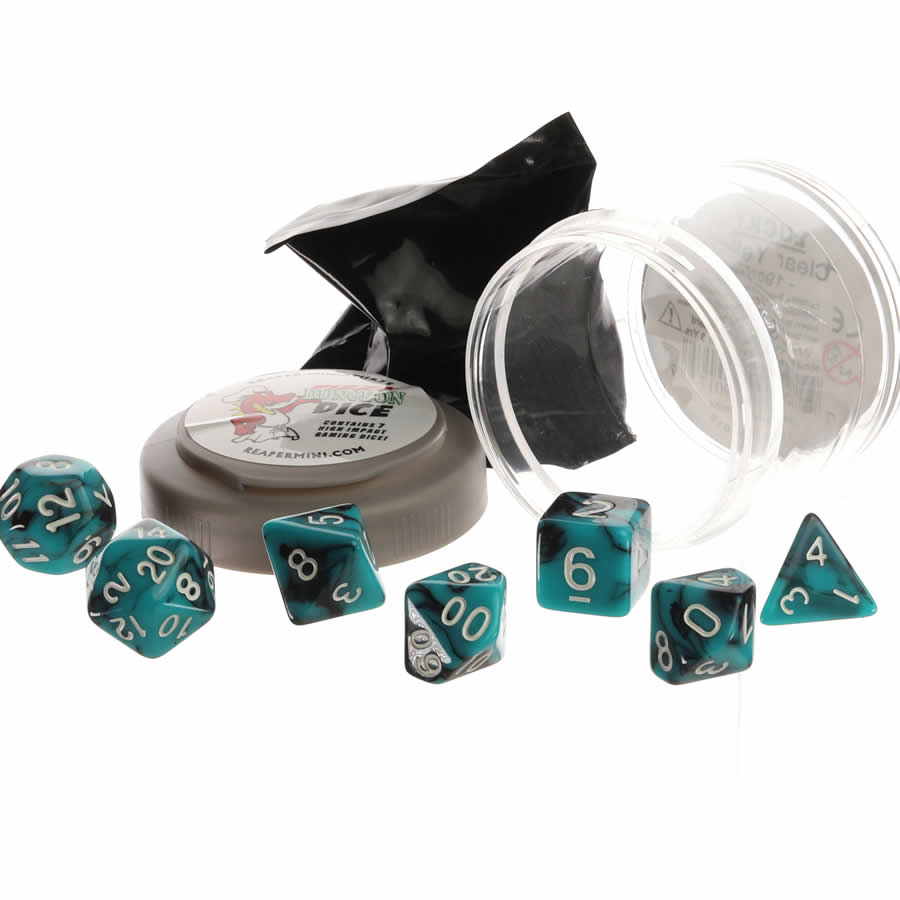 RPR19060 Teal and Black Dual Color Dice Set 16mm (5/8 inch) Dungeon Dice with Random Miniature Included Reaper Miniatures Main Image