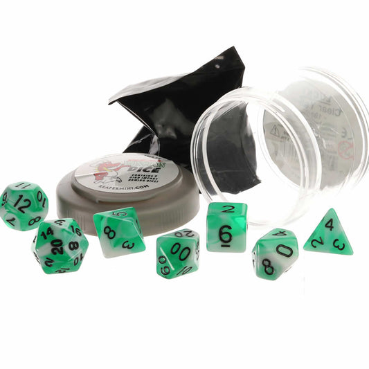 RPR19062 Teal and White Dual Color Dice Set 16mm (5/8 inch) Dungeon Dice with Random Miniature Included Reaper Miniatures Main Image