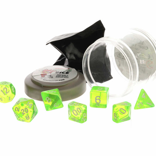 RPR19071 Clear Neon Green Lucky Dice Set 16mm (5/8 inch) Dungeon Dice with Random Miniature Included Reaper Miniatures Main Image