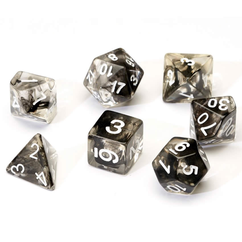 SDZ000108 Cloud Black Translucent Acrylic Dice with White Numbers 16mm (5/8 inch) 7 Dice Set 2nd Image