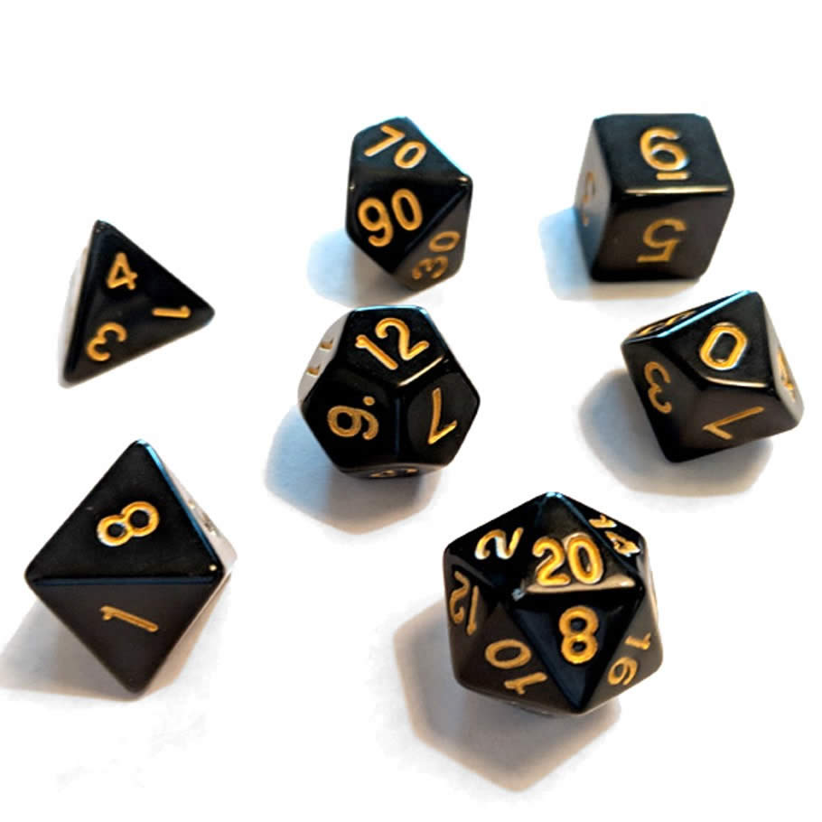 SDZ000203 Soild Black Resin Dice Gold Numbers 16mm (5/8 inch) 7 Dice Set 2nd Image