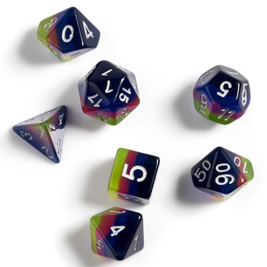 SDZ000207 Pink Green Blue Semi Translucent Resin Dice White Numbers 16mm (5/8 inch) 7 Dice Set 2nd Image