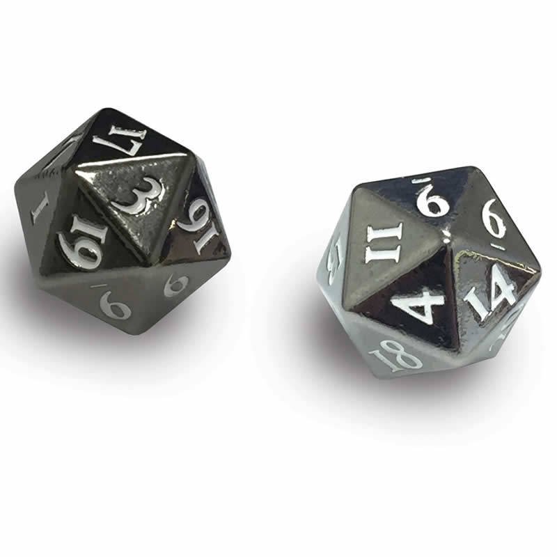 UPR85090 Heavy Metal Dice Gun Metal Finish White Numbers D20 Pack of 2 Main Image