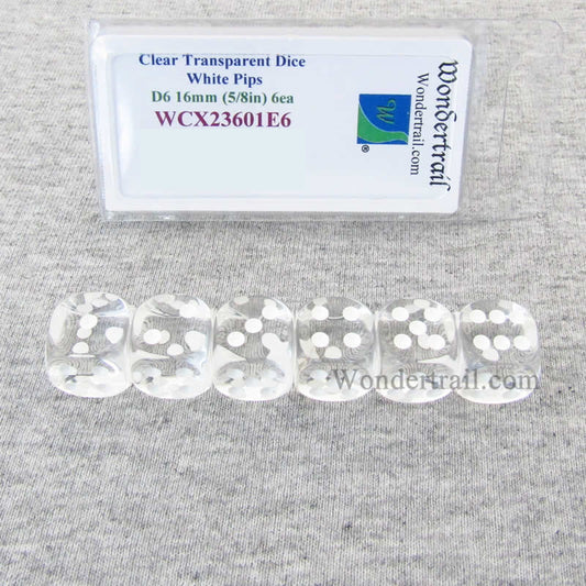 WCX23601E6 Clear Translucent Dice White Pips D6 16mm Pack of 6 Main Image