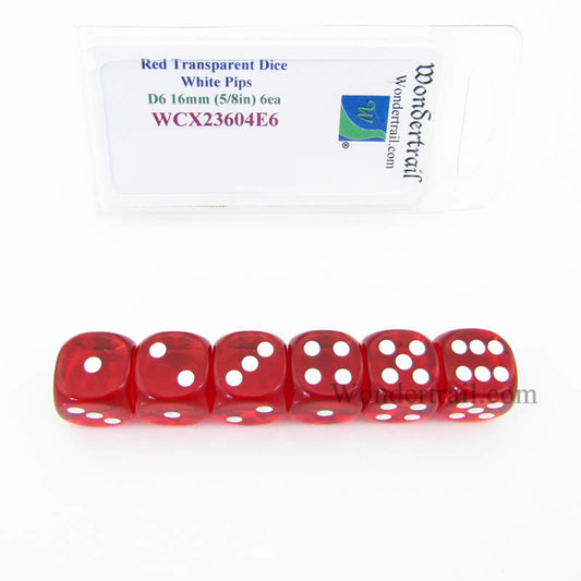 WCX23604E6 Red Translucent Dice White Pips D6 16mm Pack of 6 Main Image