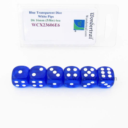 WCX23606E6 Blue Translucent Dice White Pips D6 16mm Pack of 6 Main Image