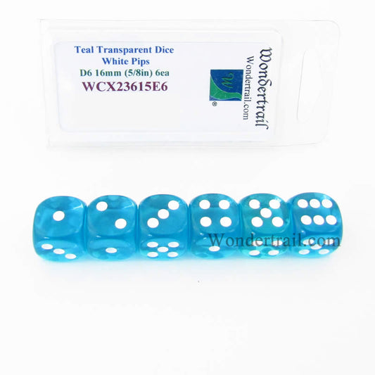 WCX23615E6 Teal Translucent Dice White Pips D6 16mm (5/8in) Pack of 6 Main Image
