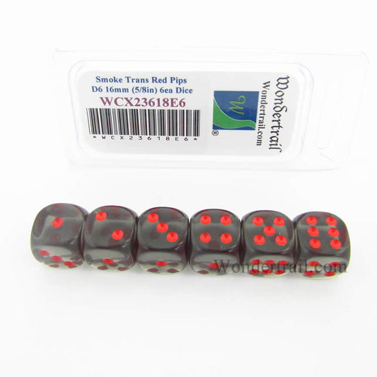 WCX23618E6 Smoke Translucent Dice Red Pips D6 16mm Pack of 6 Main Image