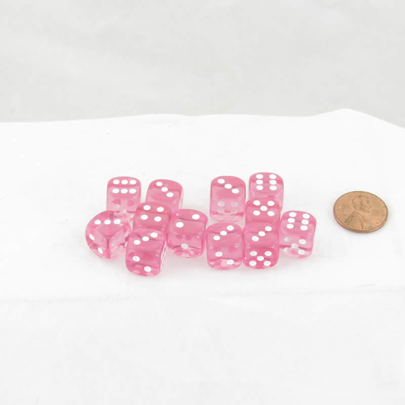 WCX23814E12 Pink Translucent Dice with White Pips D6 12mm (1/2in) Pack of 12 Main Image