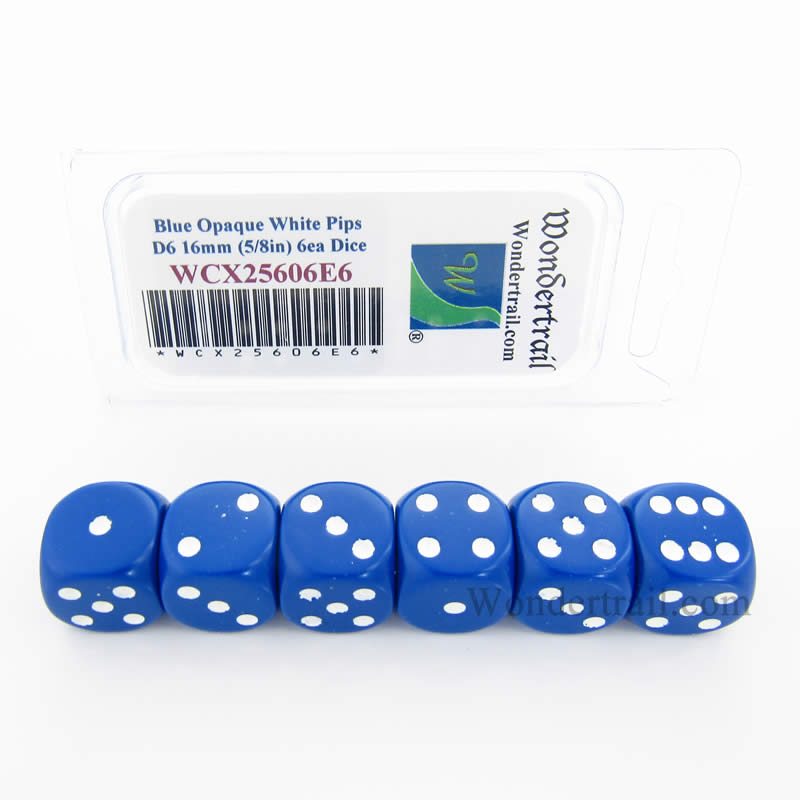 WCX25606E6 Blue Opaque Dice White Pips D6 16mm (5/8in) Pack of 6 Main Image