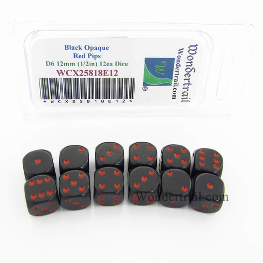 WCX25818E12 Black Dice with Red Pips D6 12mm (1/2in) Pack of 12 Main Image