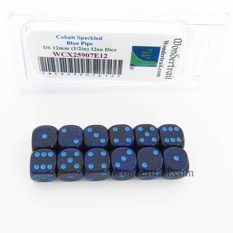 WCX25907E12 Cobalt Speckled Dice Blue Pips D6 12mm Pack of 12 Main Image