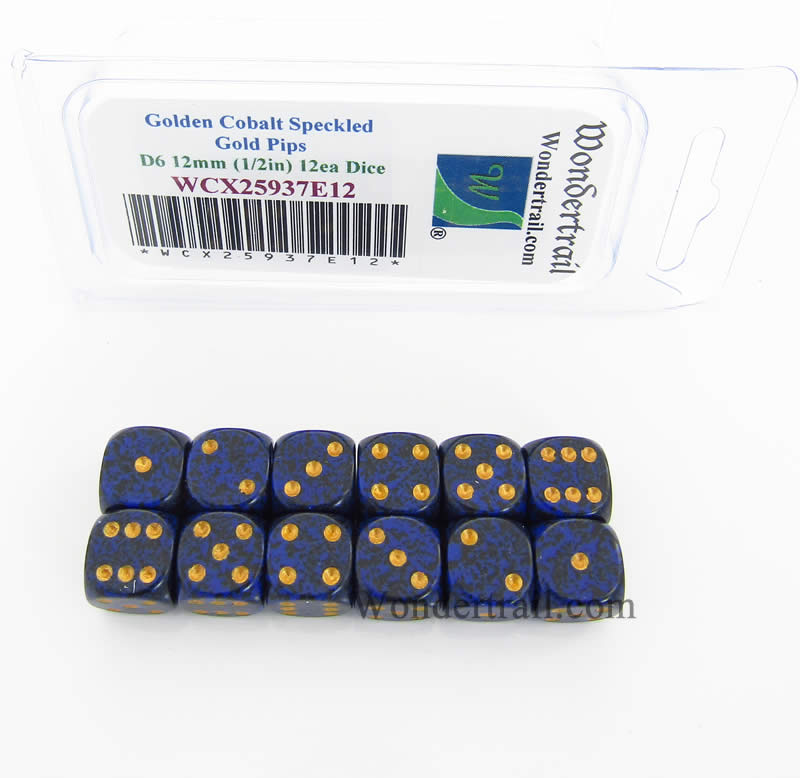 WCX25937E12 Golden Cobalt Speckled Dice Gold Pips D6 12mm Pack of 12 Main Image