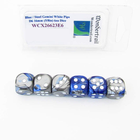 WCX26623E6 Blue Steel Gemini Dice White Pips D6 16mm Pack of 6 Main Image