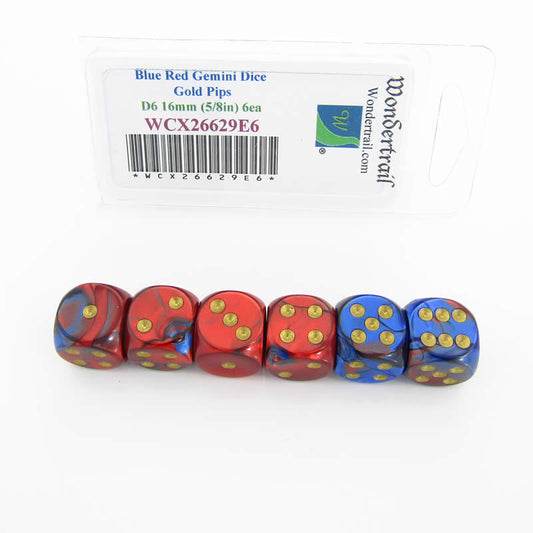 WCX26629E6 Blue Red Gemini Dice Gold Pips D6 16mm Pack of 6 Main Image