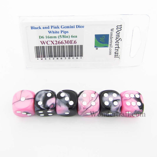 WCX26630E6 Black Pink Gemini Dice White Pips D6 16mm Pack of 6 Main Image